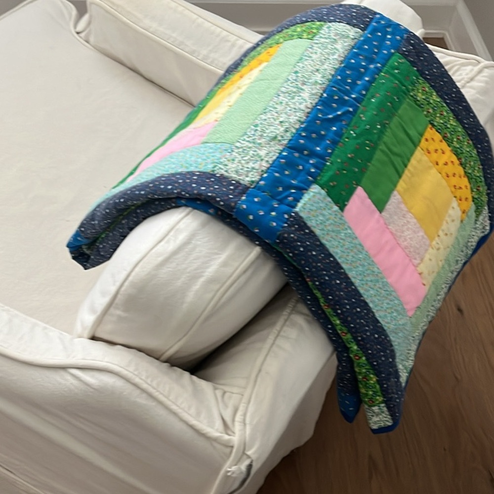 Patchwork Quilt with Green, Yellow, and Pink Accents